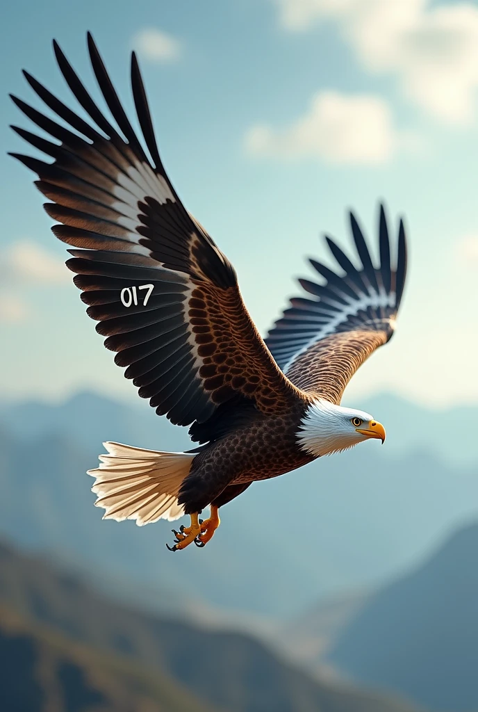 real image of an eagle flying with its wings spread, with the feathers forming the numbers 017 on it