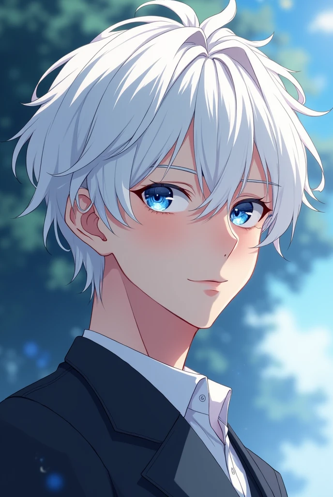 Anime of a 20 year old young man with white hair and blue eyes