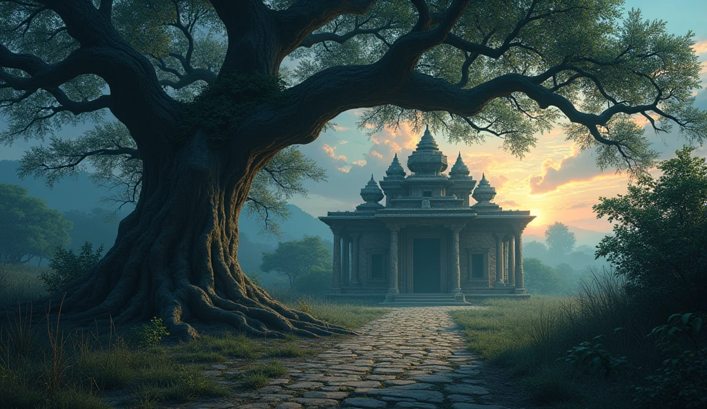 A peaceful but eerie village at dusk with a large old mango tree. In the background, there's a small, ancient, abandoned temple with a slightly open broken door. The atmosphere is quiet, with a sense of mystery and chill in the air, under a twilight sky."