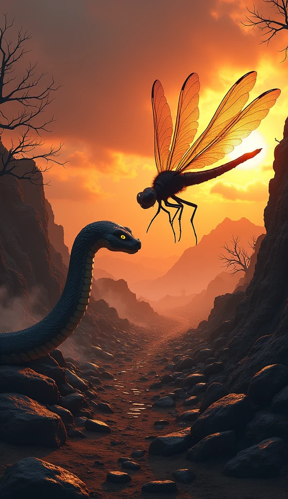 This is a digital image of a Dragonfly walking on rocky ground. And the snake is facing the right side of the picture. And its eyes are yellow. The background is a dark orange sky from sunset. The land is covered with rocks and boulders and there are some trees and mountains in the distance. The general feeling of the image is fierce and powerful.