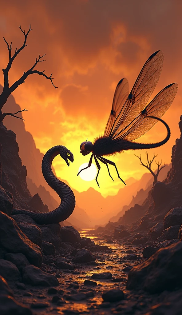 This is a digital image of a Dragonfly walking on rocky ground.   And the snake is facing the right side of the picture. And its eyes are yellow.   The background is a dark orange sky from sunset.   The land is covered with rocks and boulders and there are some trees and mountains in the distance.   The general feeling of the image is fierce and powerful.