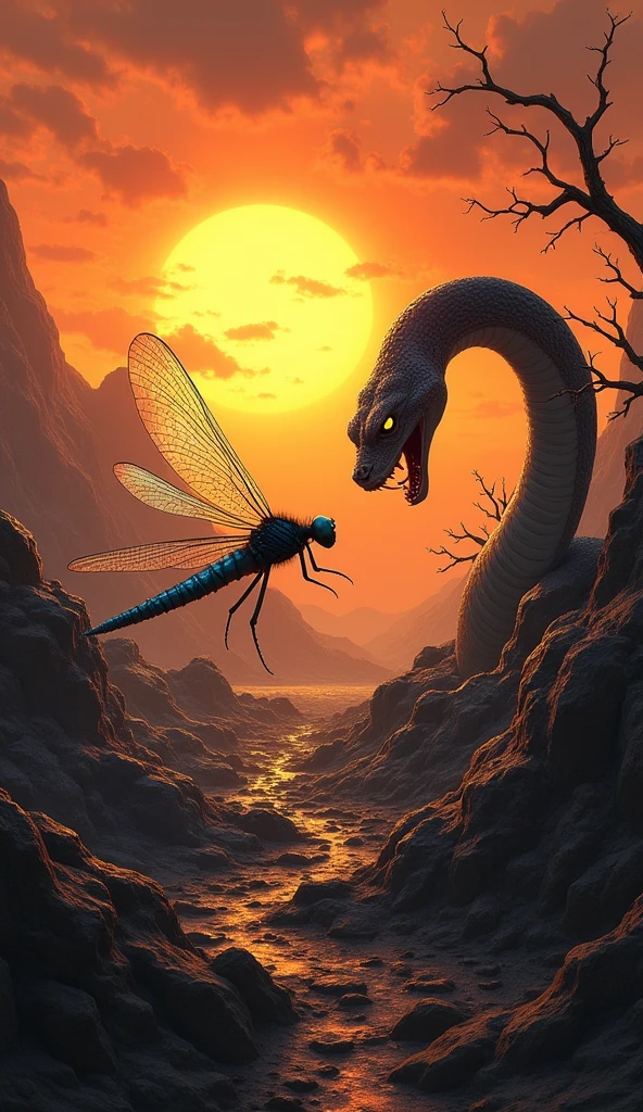 This is a digital image of a Dragonfly walking on rocky ground.   And the snake is facing the right side of the picture. And its eyes are yellow.   The background is a dark orange sky from sunset.   The land is covered with rocks and boulders and there are some trees and mountains in the distance.   The general feeling of the image is fierce and powerful.