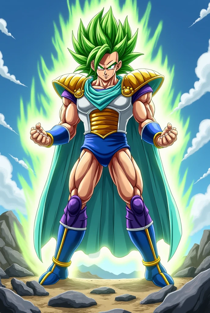 Zarbon, centered on the man, LnF, standing alone, light blue cape, blue fur, hair green, trunk, ssmile, Braid, purple sleeves attached, saiyan armor, brief blue, 肌肉男, brown shoes, yellow eyes, aretes, diadem, field of stones, blue sky, nube, blue thighhighs, voo, use an aura, serious expression, light from the hands, ( highest quallity, work of art).