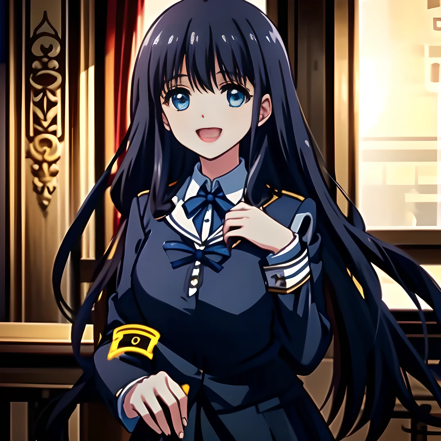 (highest quality, masterpiece, Full HD, High definition: 1.2), (Game CG art of beautiful girl: 1.2), (Just one very beautiful date-game heroine who is looking and laughing at me, Very detailed cute yo heroine's eyes and face, Beautiful eyes with detailed: 1.0),  (Girl whom everyone loves because of her beauty and lovely fashion and noble manner. : 1.0),  (Very beautiful, wavy, cutely shining super-super-long blue hair, with elegant hair ribbons: 1.0), (Laughing very beautiful and lovely sapphire-blue intelligent eyes which charms and enslave me inevitably, with detailed very well: 1.4), (very long eyelashes: 1.0), (Noble black neat sailor-styled formal school uniform with a noble expensive ribbon on the chest: 1.0), (Soprano singer of classic music: 1.4)