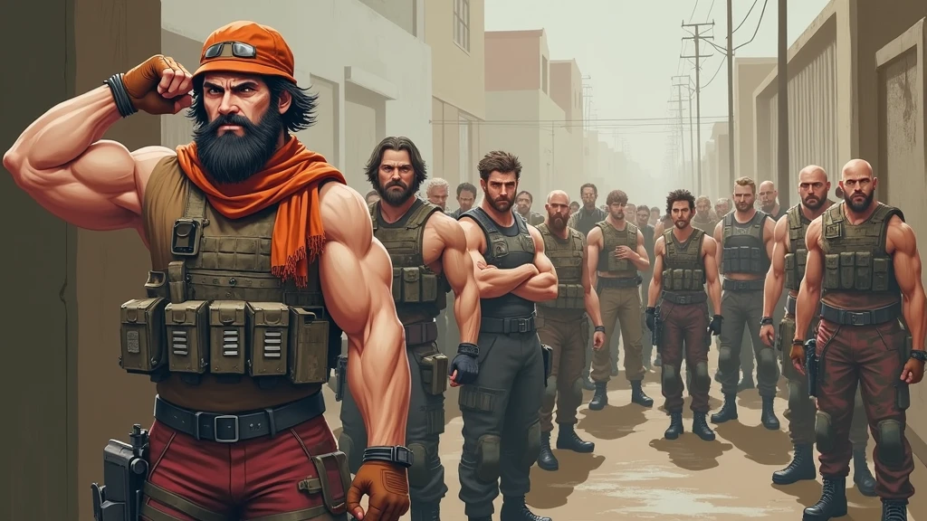 best quality,masterpiece,full-body shot,A man,A Nordic woman,mercenary,Perfect and well-developed muscles,Thick arms,Beard,short hair,temple,Foul Mouth,Large genitals,Very high nose,Orange Khaki Duckbill Hat,(Brown T-shirt),(Tactical bulletproof vest!),An orange cloth towel is wrapped around the neck,Wearing a tactical waistband around the waist,There are various tactical throwing objects hanging on it.,Military black tactical belt,Desert open toe gloves,Red camouflage tactical pants,Black leather knee pads,Black leather combat boots。(Note the color difference above!)