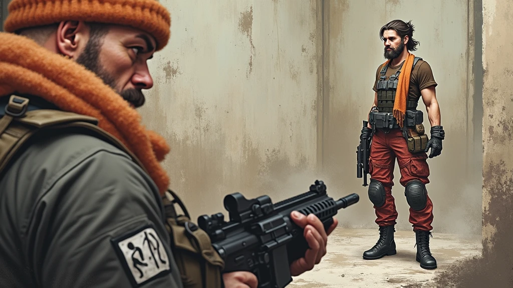 best quality，masterpiece，full-body shot，A man，A Nordic woman，mercenary，Perfect and well-developed muscles，Thick arms，Beard，short hair，temple，Foul Mouth，Large genitals，Very high nose，Orange Khaki Duckbill Hat，（Brown T-shirt），（Tactical bulletproof vest！），An orange cloth towel is wrapped around the neck，Wearing a tactical waistband around the waist，There are various tactical throwing objects hanging on it.，Military black tactical belt，Desert open toe gloves，Red camouflage tactical pants，Black leather knee pads，Black leather combat boots。（Note the color difference above！）