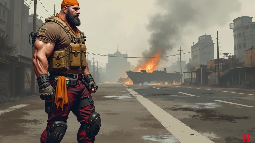 best quality,masterpiece,full-body shot,A man,A Nordic woman,mercenary,Perfect and well-developed muscles,Thick arms,Beard,short hair,temple,Foul Mouth,Large genitals,Very high nose,Orange Khaki Duckbill Hat,(Brown T-shirt),(Tactical bulletproof vest!),An orange cloth towel is wrapped around the neck,Wearing a tactical waistband around the waist,There are various tactical throwing objects hanging on it.,Military black tactical belt,Desert open toe gloves,Red camouflage tactical pants,Black leather knee pads,Black leather combat boots。(Note the color difference above!)