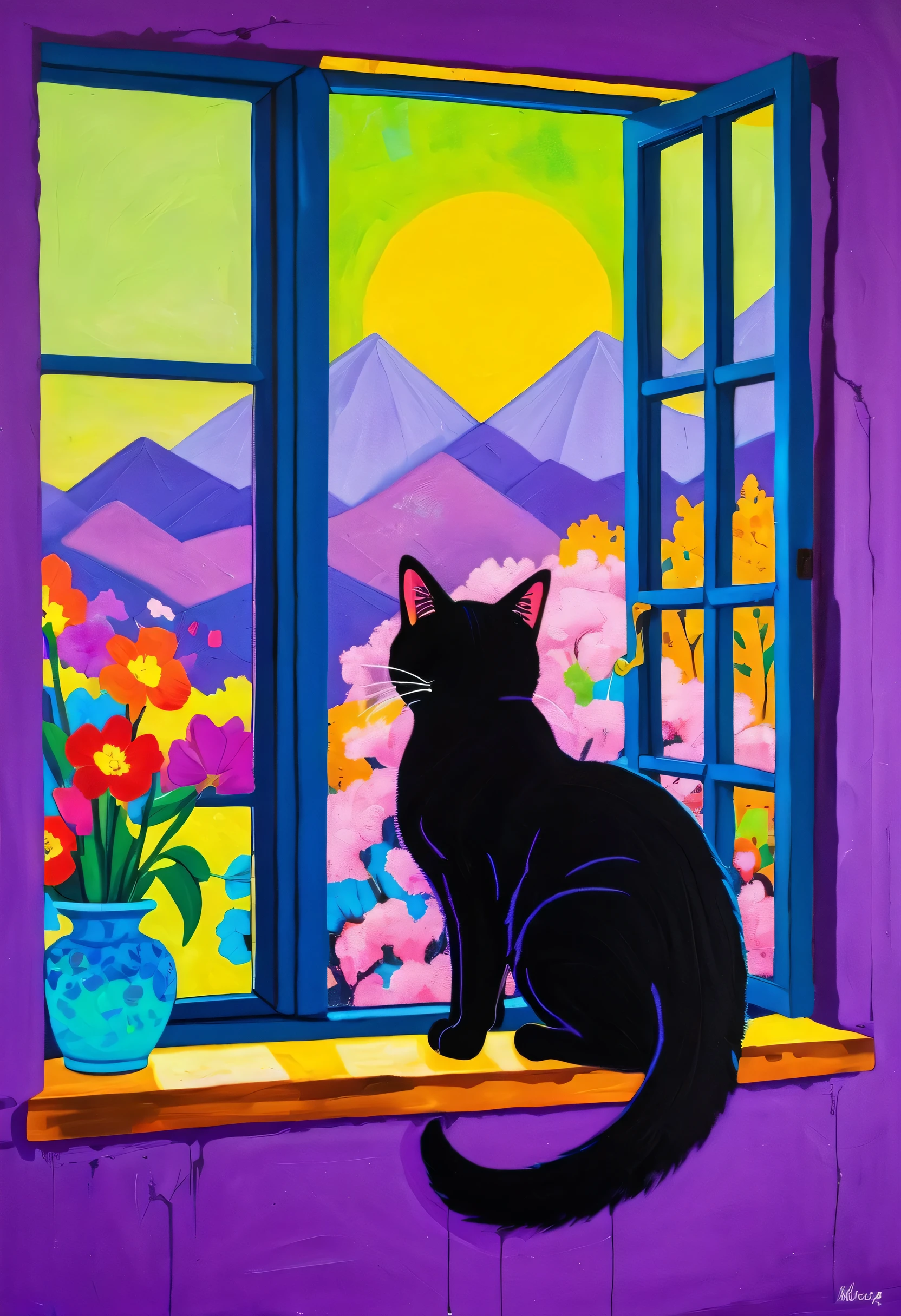 Painting：(((Colorful black，Chalk painting，Oil stick painting，volume，Thick Coating，uneven texture，Plaster Texture，graffiti)))。Colorful black，Cat on the windowsill, Bright colors cat, purple and, cute, Bright colors，cute, Lavender color and color scheme, and purple color scheme,  Beautiful art,  purple, Whimsical art, and purple, Lime and Violet, close,, spring, Inspired by Tomokazu Matsuyama, fun