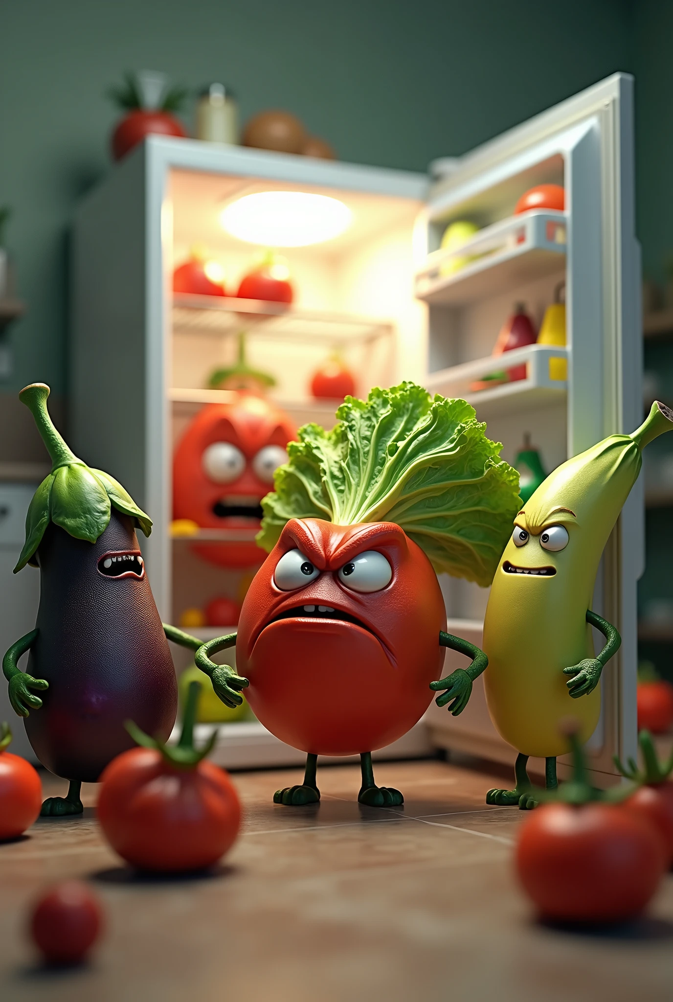 angry and spoiled vegetables opening the fridge