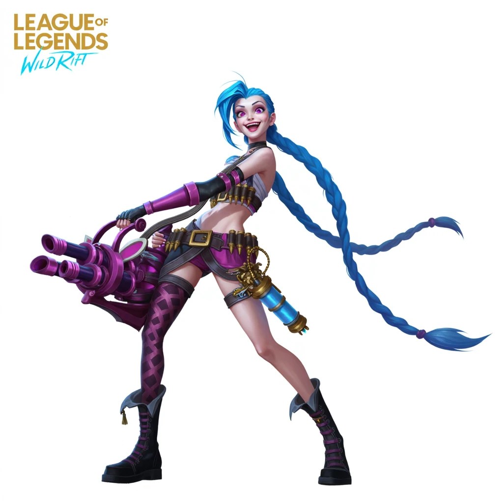 A (((full-body))), ((ultra-detailed)), ((masterpiece)) fantasy art ((illustration)) of (((Jinx))), a ((League of Legends)) character, in the style of the video game. She is a beautiful, young, female (((human))) with long, braided blue hair and violet eyes. She has exquisite caucasian features and ((very pale)) ((milky-white skin)). She has a ((very slim body)), with a tiny waist and ((skinny limbs)), but her ((breasts are enormous and round)), and they look far too big for her slender little body.  She is wearing a very skimpy outfit, revealing ((massive cleavage)), exposing her midriff, and leaving her ((very thin thighs)) completely bare. Her porcelain skin is shiny with a ((sheen of sweat)).  She is on standing in a provocative pose that shows off her ((skinny thighs)) and ((huge breasts)) as well as her bare feet. Her (((whole body from head to toe))) is shown.