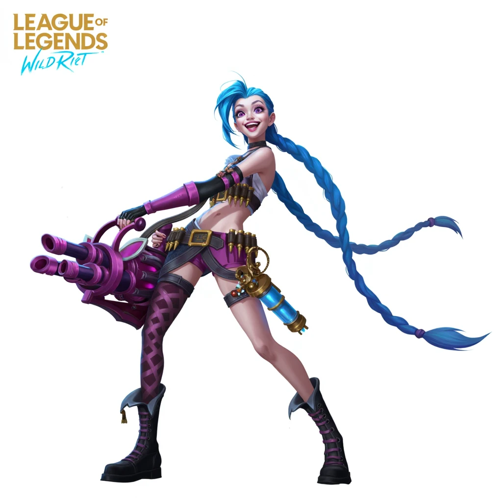 A (((full-body))), ((ultra-detailed)), ((masterpiece)) fantasy art ((illustration)) of (((Jinx))), a ((League of Legends)) character, in the style of the video game. She is a beautiful, young, female (((human))) with long, braided blue hair and violet eyes. She has exquisite caucasian features and ((very pale)) ((milky-white skin)). She has a ((very slim body)), with a tiny waist and ((skinny limbs)), but her ((breasts are enormous and round)), and they look far too big for her slender little body.  She is wearing a very skimpy outfit, revealing ((massive cleavage)), exposing her midriff, and leaving her ((very thin thighs)) completely bare. Her porcelain skin is shiny with a ((sheen of sweat)).  She is on standing in a provocative pose that shows off her ((skinny thighs)) and ((huge breasts)) as well as her bare feet. Her (((whole body from head to toe))) is shown.