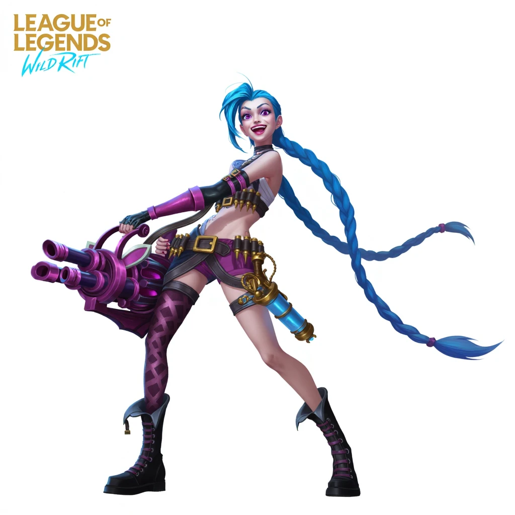 A (((full-body))), ((ultra-detailed)), ((masterpiece)) fantasy art ((illustration)) of (((Jinx))), a ((League of Legends)) character, in the style of the video game. She is a beautiful, young, female (((human))) with long, braided blue hair and violet eyes. She has exquisite caucasian features and ((very pale)) ((milky-white skin)). She has a ((very slim body)), with a tiny waist and ((skinny limbs)), but her ((breasts are enormous and round)), and they look far too big for her slender little body. She is wearing a very skimpy outfit, revealing ((massive cleavage)), exposing her midriff, and leaving her ((very thin thighs)) completely bare. Her porcelain skin is shiny with a ((sheen of sweat)). She is on standing in a provocative pose that shows off her ((skinny thighs)) and ((huge breasts)) as well as her bare feet. Her (((whole body from head to toe))) is shown.