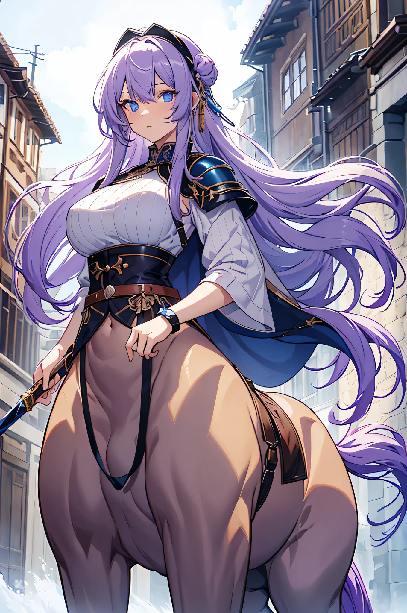 4K,High resolution,One Woman,centaur,White purple hair,long hair,Blue Eyes,Brown fur,Swordsman,White Armor,hair band,Jewelry decoration,Long sword,Medieval village