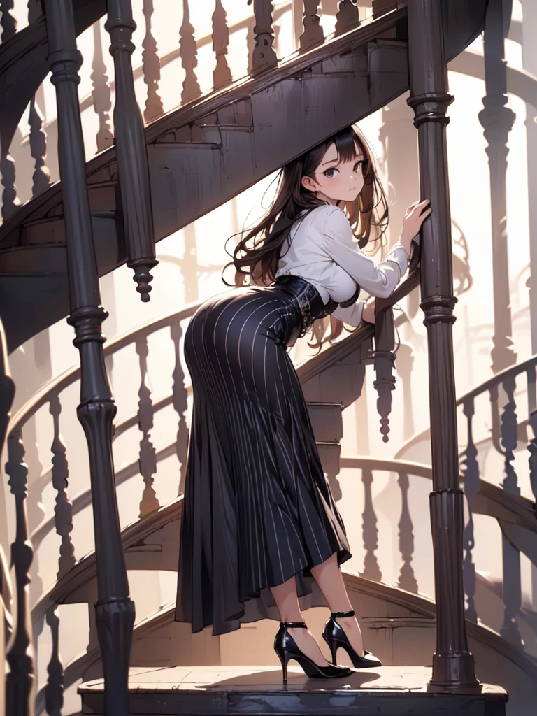 (masterpiece:1.3),(best quality, highest quality),((Full Body Shot,Including face)),1girl,4K,masterpiece,((Focus on the face)),((Symmetrical facial features)),Beautiful woman,slender,Beautiful feet,((enamel,Gloss,Striped long skirt,High heels,black garter stockings)),Detailed depiction of the face(,Climb the spiral staircase:1.5),corset,Back view