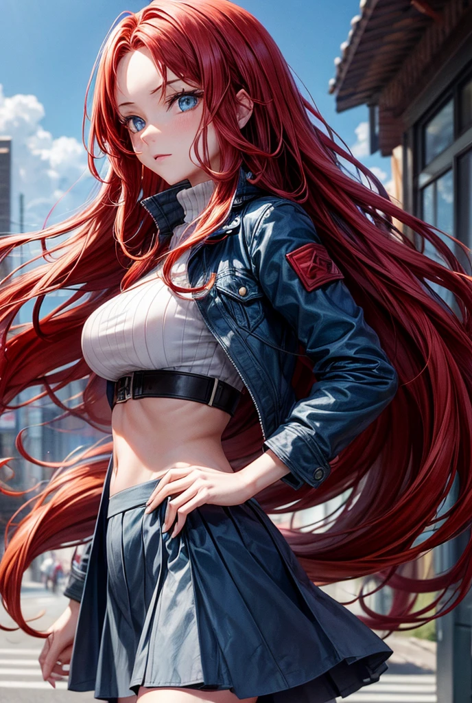Girl with long red hair with waves, blue eyes, medium breasts, slim waist Long jacket and skirt