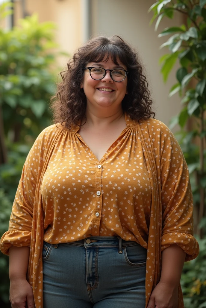 Fat woman with curly hair with bangs on forehead with fair skin wearing glasses