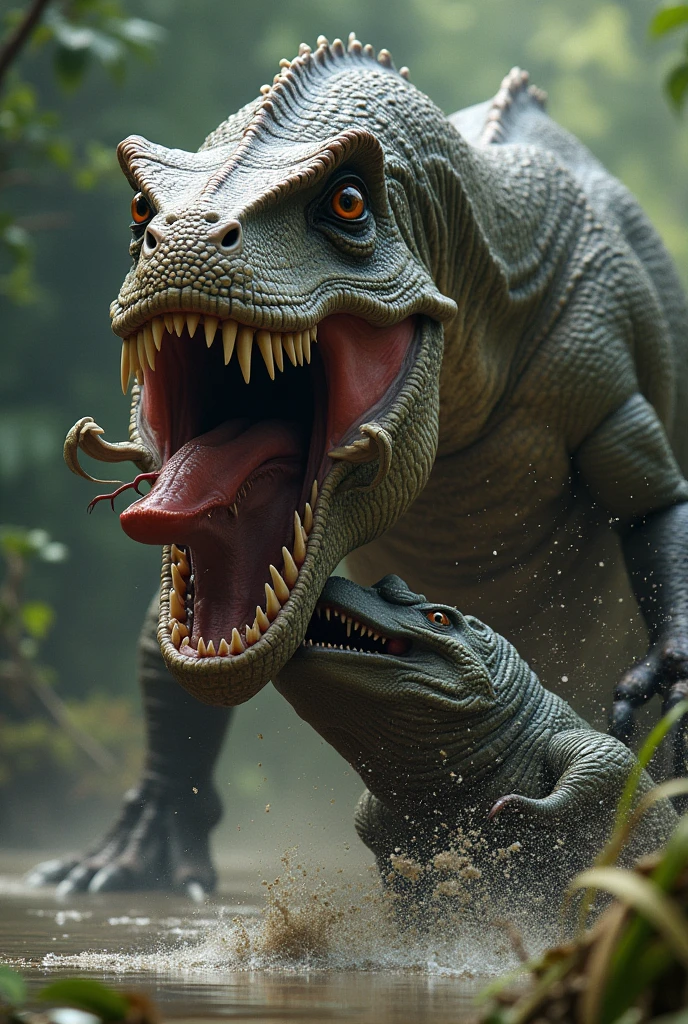 A dinosaur biting another dinosaur