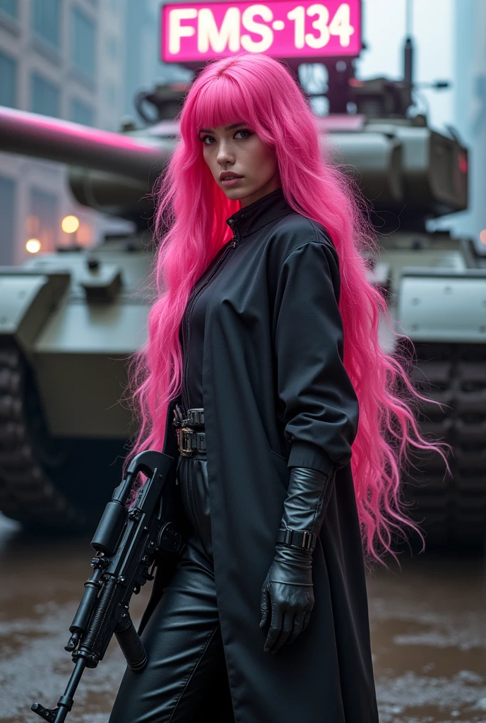 A woman with exuberant beauty with long, flowing pink hair. She is wearing a long jumpsuit. Behind her is a large tank with a neon sign that says “FMS-134” artillery woman, shooter, murderer. cyber punk. Woman with a rifle in her hand. high resolution, ultra HD, high qualiy,
