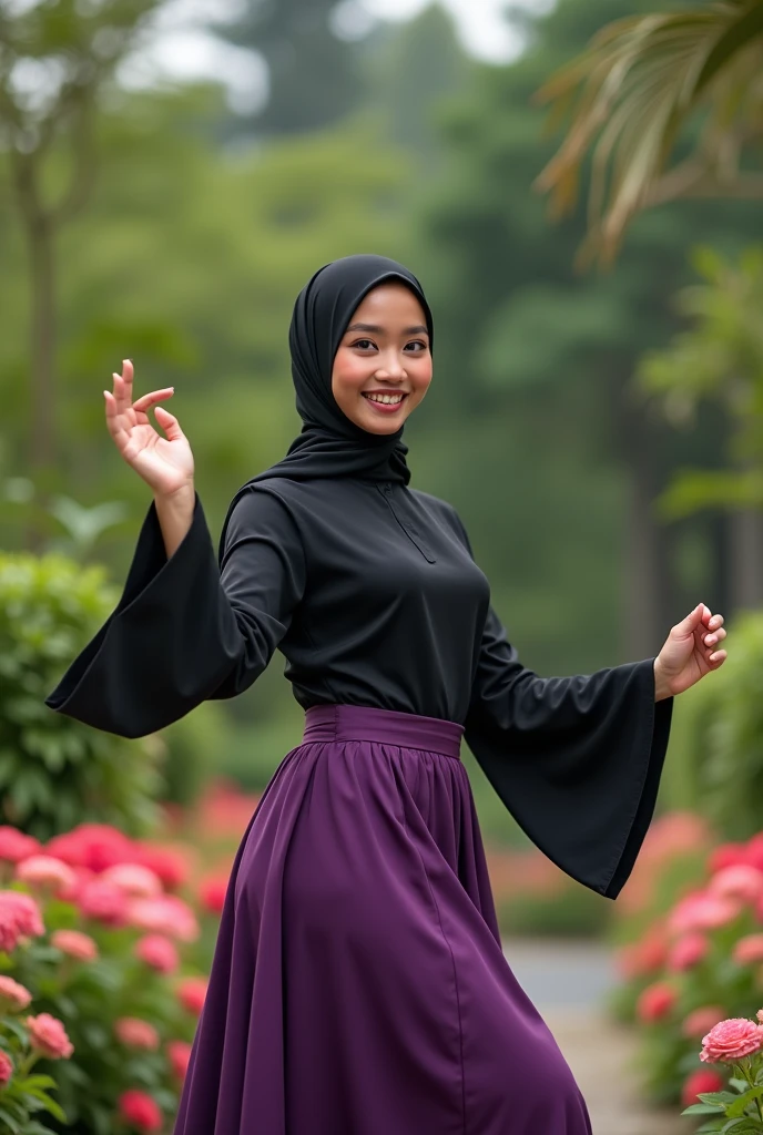 Realistic full body photo of a smiling young Indonesian woman wearing a long black hijab, She is dancing in front of the camera in a demure blouse, long purple skirt..., Garden, glamor photo shoot, Flower garden, perfect anatomy, perfect brown eyes. Perfect hands with 5 fingers on each hand, Suitable girl, looking at the camera, 1 Frau. (Eye makeup: 1.1), (highly detailed skin: 1.1), vibrancy, analog style, sharp focus, 8K UHD, dslr, good quality, Fujifilm XT3, Grain, Award winner, masterpiece. Park