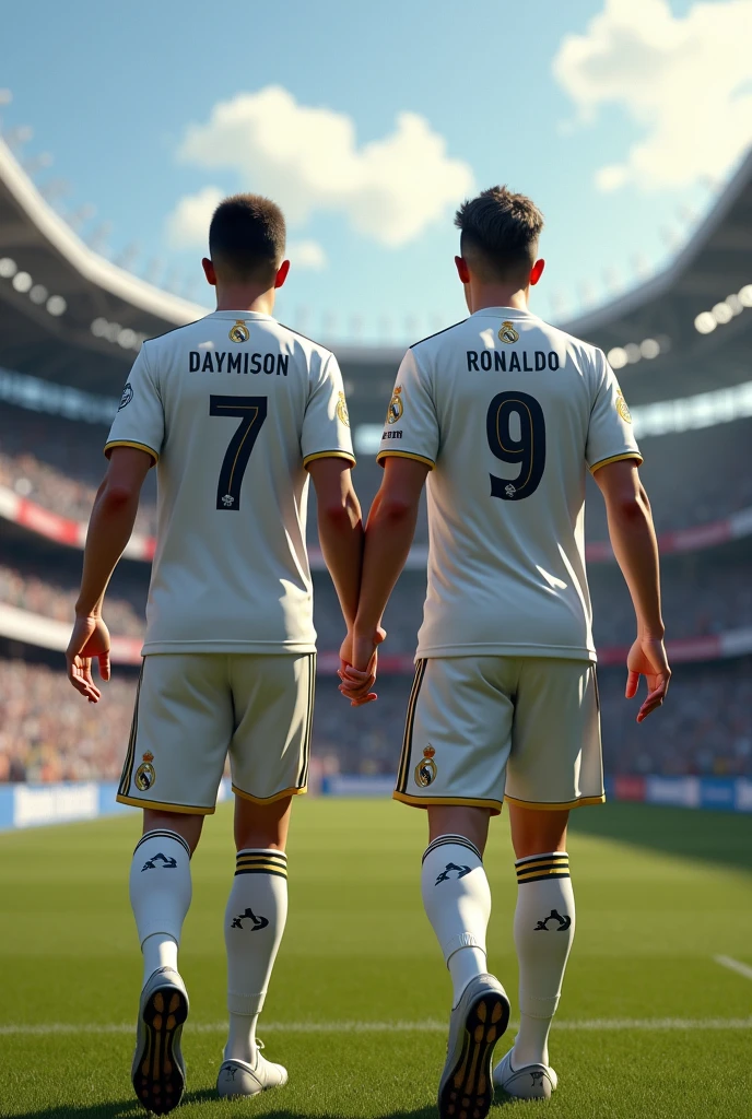 an adult with the real Madrid shirt with the name "daymison" number 7 on his back walking around the stadium and Cristiano Ronaldo with the real Madrid shirt with the name "Ronaldo" with the number 9 on the back walking with daymison