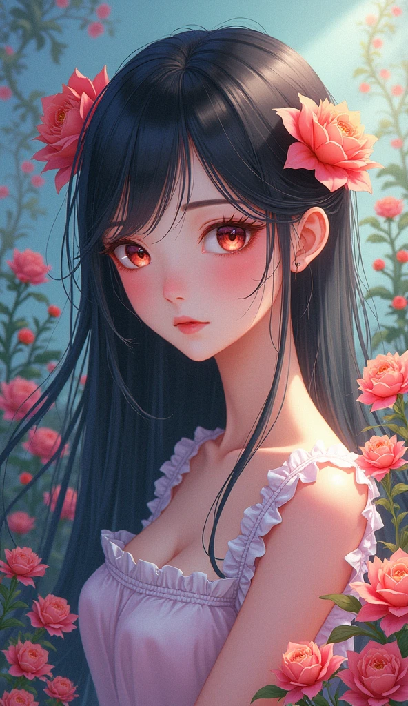 photo RAW, (,1girl, ,best quality, ),looking at viewer,,anime,(masterpiece, top quality, best quality, official art, beautiful and aesthetic:1.2), (1girl) , , (cleavage),extreme detailed,(fractal art:1.3),colorful, flowers ,highest detailed,(by Jeremy Lipking) (cleavage), (),