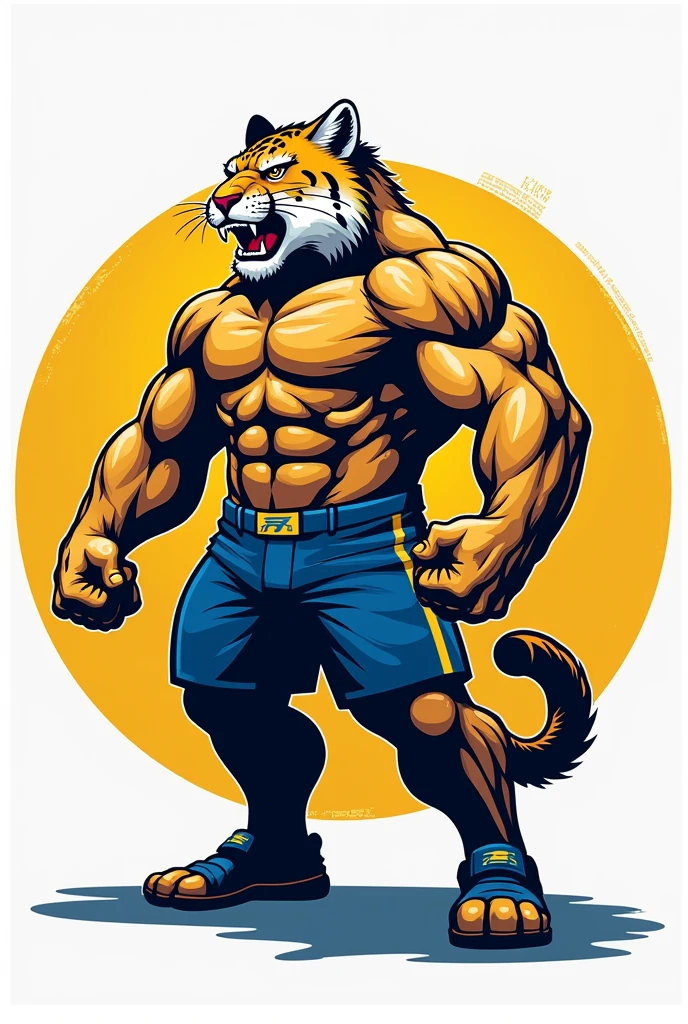 create an illustration for university athletics, use the size accepted for graphics. The frame border needs to be circular, Inside the frame, put an anthropomorphic and hypertrophied puma, centralized, From the waist up, the left arm must be flexed, displaying the muscles, the right arm stretched out, the expression is one of ferocity, aggressiveness, showing teeth, in a way that demonstrates grandeur, make her hairy. use yellow colors in the composition, blue and white.