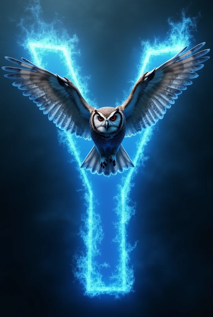 ((realisitic)) A red-eyed owl, flying over the letter Y of blue fire