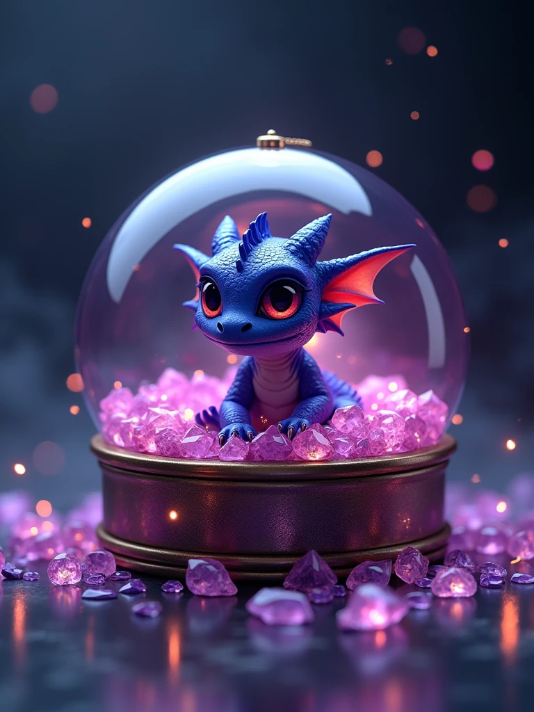 Create a photorealistic image of an adorable dark violet miniature baby dragon sitting in a glass jewelry box that overflows with radiant, glowing glass jewelry. The scene should have a dark, smoky background to enhance the mystical atmosphere, with the dragon’s scales reflecting the light from the jewelry and casting a soft, enchanting glow.