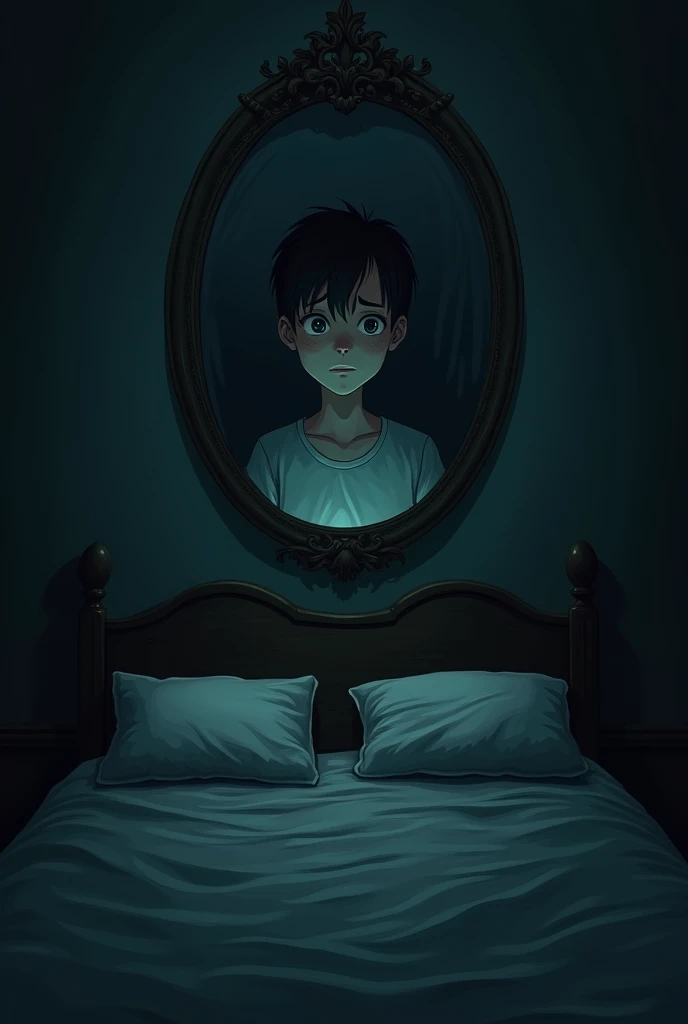 A dark room with an empty bed, but a slight reflection in the wall mirror showing Lucas staring at the viewer, with big, scared eyes. There should be a faint shadow approaching from the bottom of the reflection..