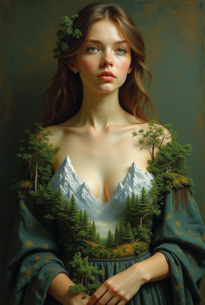 A beautiful lady with a breast of forest and a breast of mountain Giovanni Bellini style
