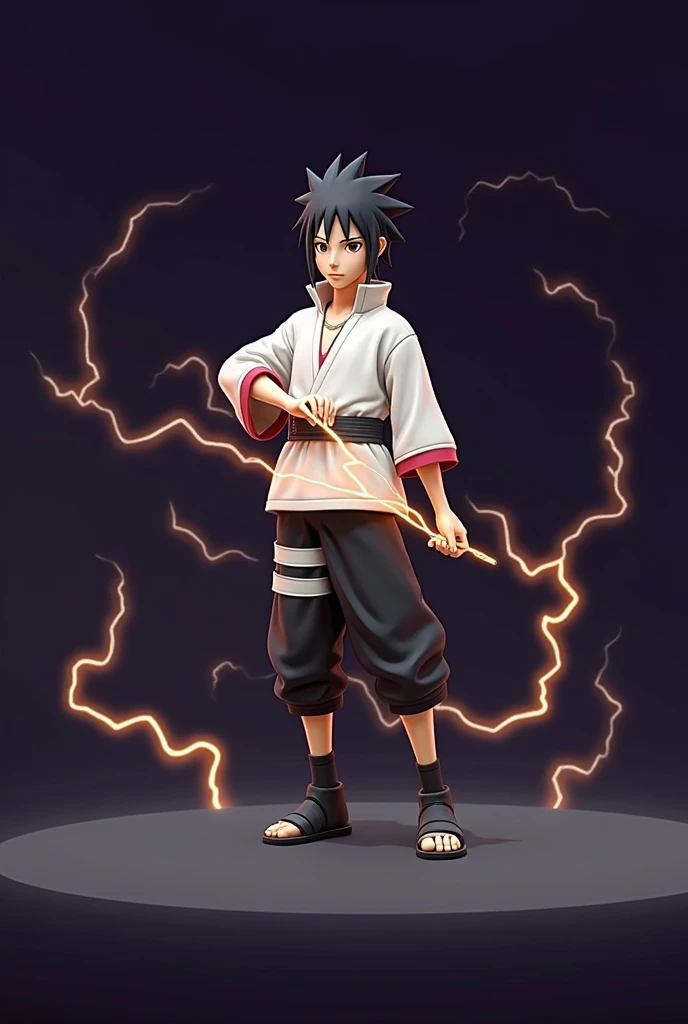 A Pixar 3D rendering illustrating Sasuke performing the Chidori Type 1 Bakuretsu Sen. Inspired by the style of Pixar animations, the scene portrays Sasuke in a dynamic pose surrounded by pulsating bolts of lightning. The colors are vivid and energetic, with electrifying blues and luminous whites. Sasuke's expression reflects his focused determination. The lighting is bright, casting dramatic shadows and highlighting the electrical discharges. The atmosphere is filled with energy and excitement.