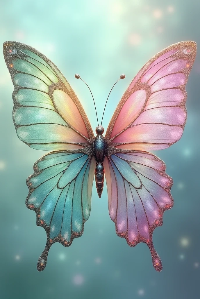 Beautiful butterfly half pastel pink and pastel green with shiny silver details