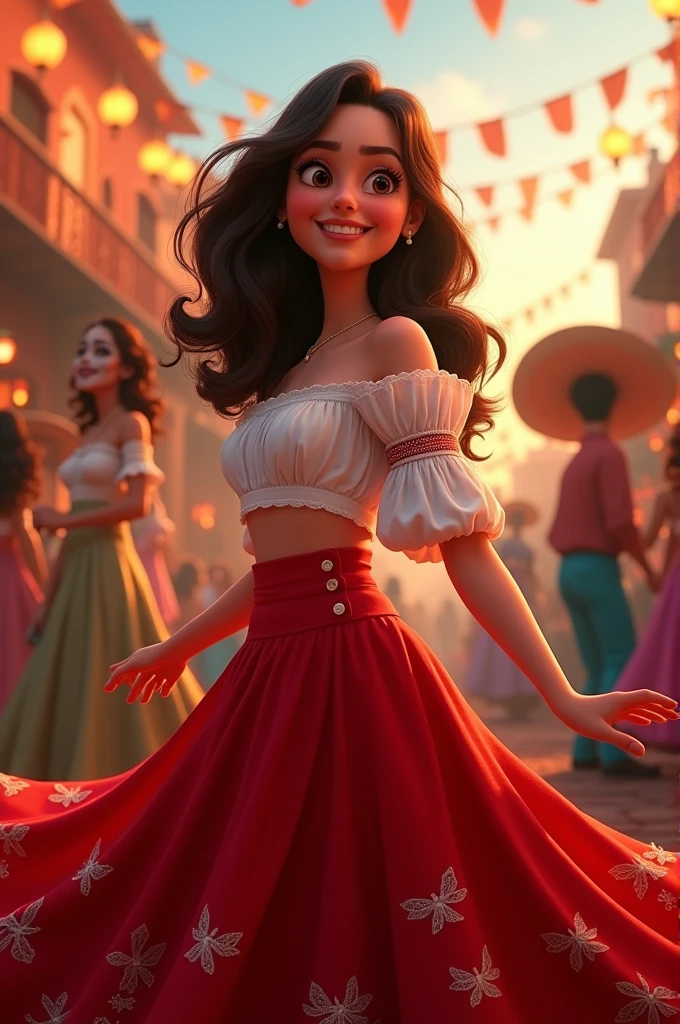 a medium brown curly hair, eyes browns , skin fair. dressed in a red dress skirt and white top Mexican mariachi style without a bun hat with the background of the movie Cocoa Party by Disney Pixar