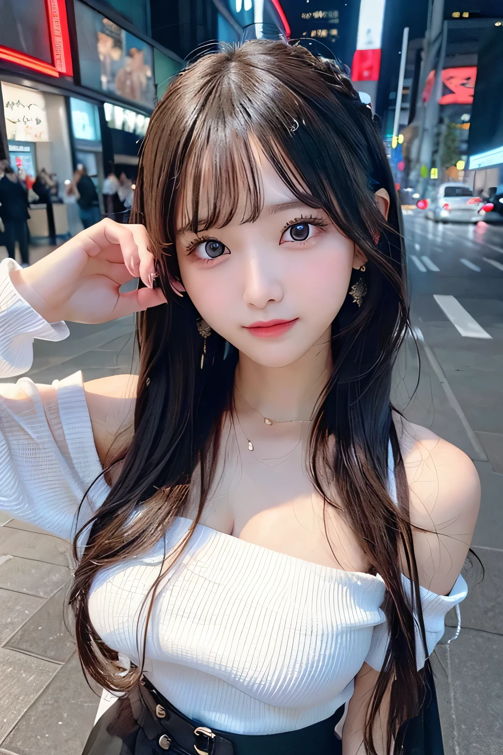 (8k、RAW Photos：1.2)Detailed face and eyes、Highest quality、Ultra-high resolution、Very detailed、Intricate details、A cute girl around 20 years old、Hyper Detail、Clear focus on the chest、（Beautiful Hair）、（Long Hair）、｟White knitted clothes｠、｟Black pleated skirt｠、｟High waist mini skirt｠、｟I can see her cleavage｠｟sexy bare legs｠（Random pose）（Random facial expressions）｟Beautiful legs｠｟The background is a night city｠｟Clothes stretched by boobs｠｟Off the shoulder｠