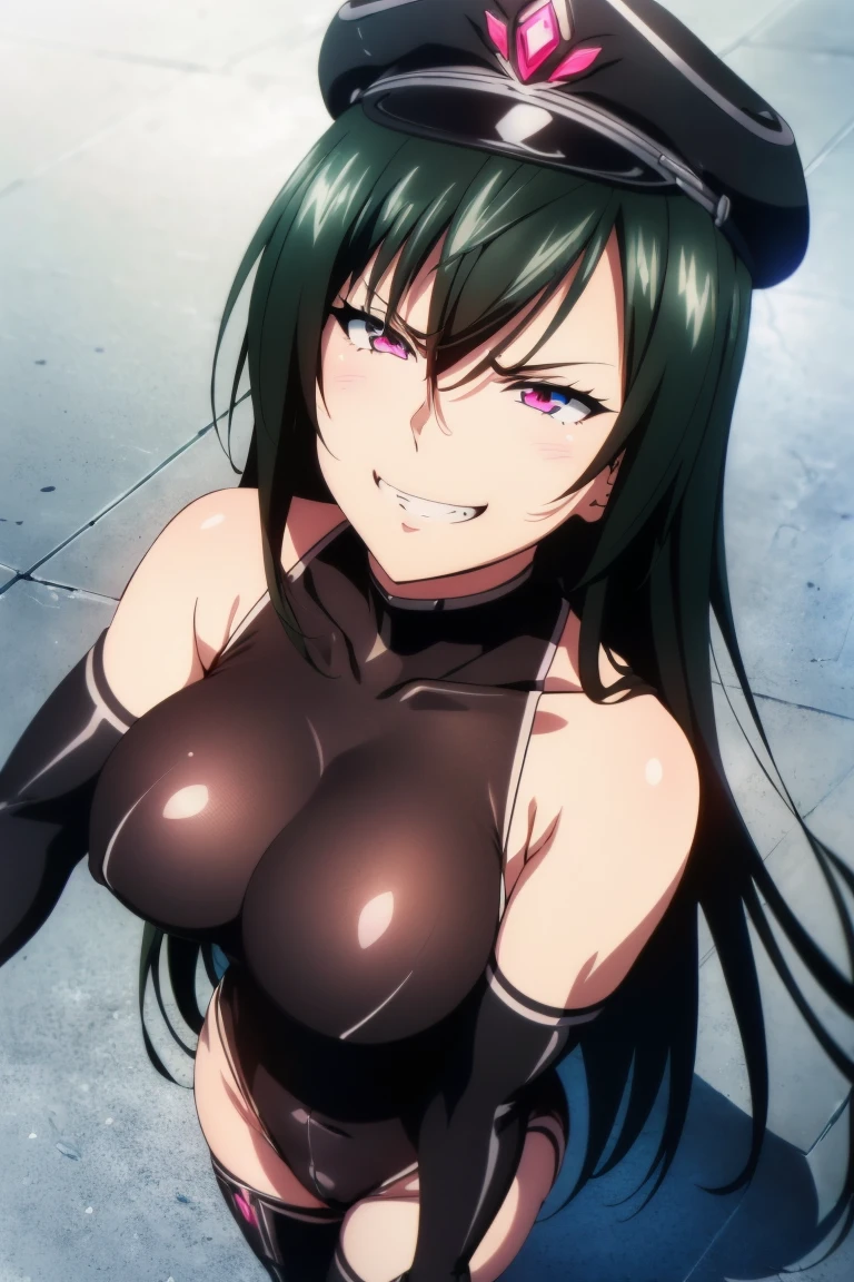 beautiful, masterpiece, ultra detailed, extremely detailed, ultra high res, 8k, beautiful detailed face, anime screencap, heart shaped face woman, (black hair:1.2), long hair, hair between eyes, large breasts, fearless face, sharp face, slant eyes, cat eyes, 170cm tall, adult, perfect proportion, (((black high-leg leotard, black clothes))), (((bare shoulder))), cleavage, (((thigh boots))), choker, (((military cap))), anime style, extremely ultra detailed beautiful face and eyes, front view, raw phot, incredibly absurdres, Beautiful portrait of cute anime girls, super fine illustration, full-hd, hdr, best aesthetic, distinct, exquisite, masterwork, by famous artist, highers, (((perfect anatomy))), mocking, (((rape face))), (((evil grin))), intense eyes, sadistic, gleaming skin, oil skin, slut face, full-face blush, smirking, mischievous grin, furrowed mouth, both legs, pouty lips, downturned corners, rosy hue, grin widely, cheeky smirk, (((bad-tempered glare))), gloating, crazy smile, scary face, cruel smile, fang, connected teeth,, (((elbow gloves))), (((big connected teeth)), glare, grimace, smirk, (((scowling face))), smile broadly, symmetrical eyes, even eyes, perfect eyes, (((squinting eyes))), deep detailed eyes, shiny clothes, 1girl, solo, smug, smile grimly, (((dimpled smile))), pink eyes, (((upper body shot and standing))), (((laugh))), (((pleasure face))), (((brutality face))), (((scary face))), (((fang))), super detailed skin, official art, production art, top quality, high quality, amazing quality, finely quality, fantastic, professional quality, perfect hands, perfect arms, both arms, two arms, both hands, two hands, cleavage cutout, bare collarbone, shiny hair, anime best girl, cel anime, (((upper body shot))),