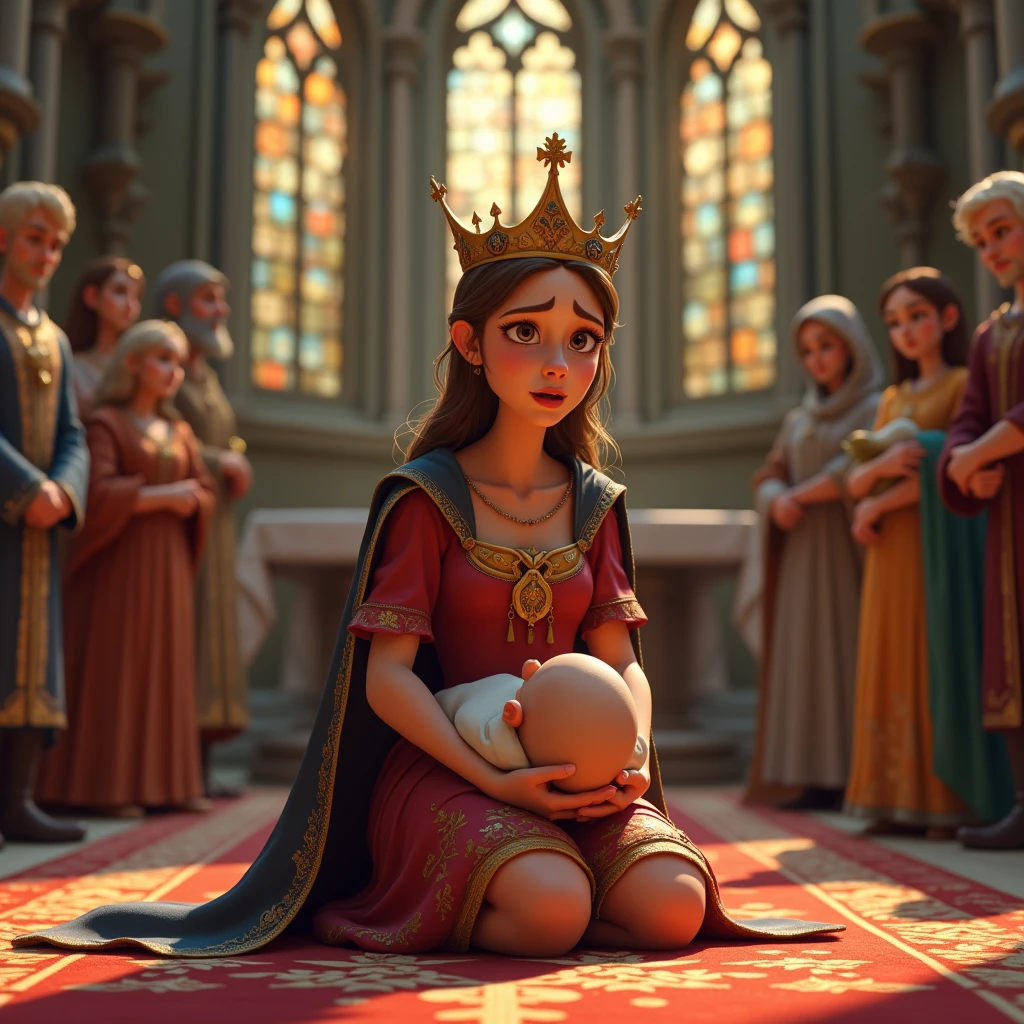 Image of a young queen, crying with a  in her arms, in a castle environment, with a catholic family around, in the castle, in front of the altar of the Church. It is the year 545 after Christ. Costumes should be reminiscent of the period. She must appear in royal attire, on his knees, crying with the baby in her arms. The baby should appear to be dead, with eyes closed or sleeping with eyes closed.

All people should be modest, that is, with clothes that have almost no cleavage, tightly closed around the neck, with at least short or long sleeves. This for all images. It would have to be cartoon style, 3D artistic characters similar to Disney style.  Vivid and vibrant images.  All images must be generated with this style. 