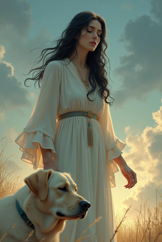 Labrador traveling to heaven saying goodbye to black-haired white woman