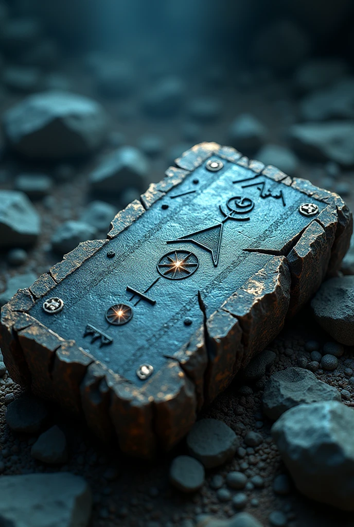 stone tablet with symbols with crystal cracks