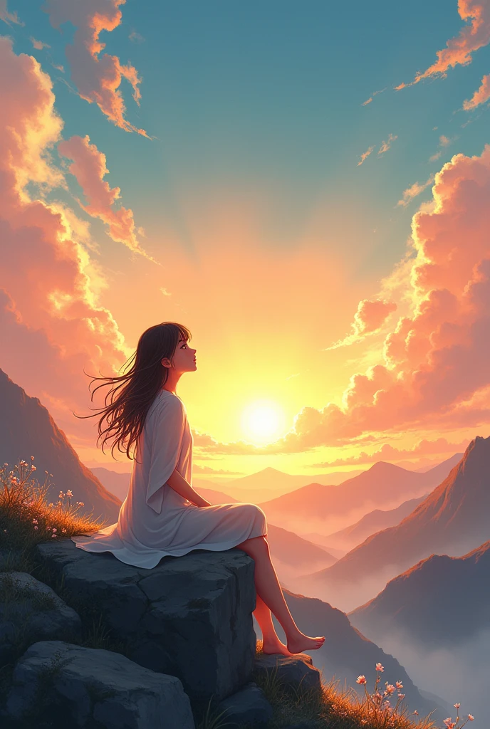 A woman sitting on a rock and looking at the sky, Landscape by Ilya Kuvshinov, Beautiful girl, beautiful picture, beautiful japanese cartoon movies, Sitting cutely on the mountain, realistic cute girl illustration, japanese cartoon movies beautiful peace scene, japanese cartoon movies picture, makoto shinkai cyril rolando, Watching the sunset. japanese cartoon movies, Lopi Girl, beautiful japanese cartoon movies style, beautiful japanese cartoon movies scene