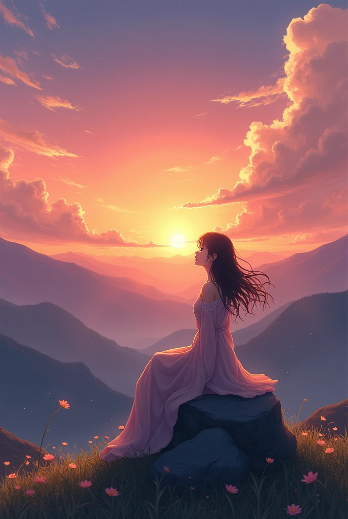 A woman sitting on a rock and looking at the sky, Landscape by Ilya Kuvshinov, Beautiful girl, beautiful picture, beautiful japanese cartoon movies, Sitting cutely on the mountain, realistic cute girl illustration, japanese cartoon movies beautiful peace scene, japanese cartoon movies picture, makoto shinkai cyril rolando, Watching the sunset. japanese cartoon movies, Lopi Girl, beautiful japanese cartoon movies style, beautiful japanese cartoon movies scene