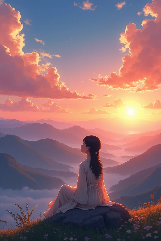 A woman sitting on a rock and looking at the sky, Landscape by Ilya Kuvshinov, Beautiful girl, beautiful picture, beautiful japanese cartoon movies, Sitting cutely on the mountain, realistic cute girl illustration, japanese cartoon movies beautiful peace scene, japanese cartoon movies picture, makoto shinkai cyril rolando, Watching the sunset. japanese cartoon movies, Lopi Girl, beautiful japanese cartoon movies style, beautiful japanese cartoon movies scene