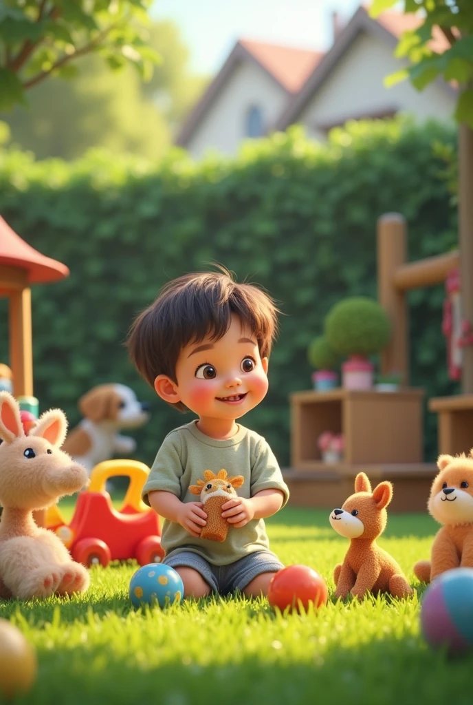 A child plays in a yard with many toys.







