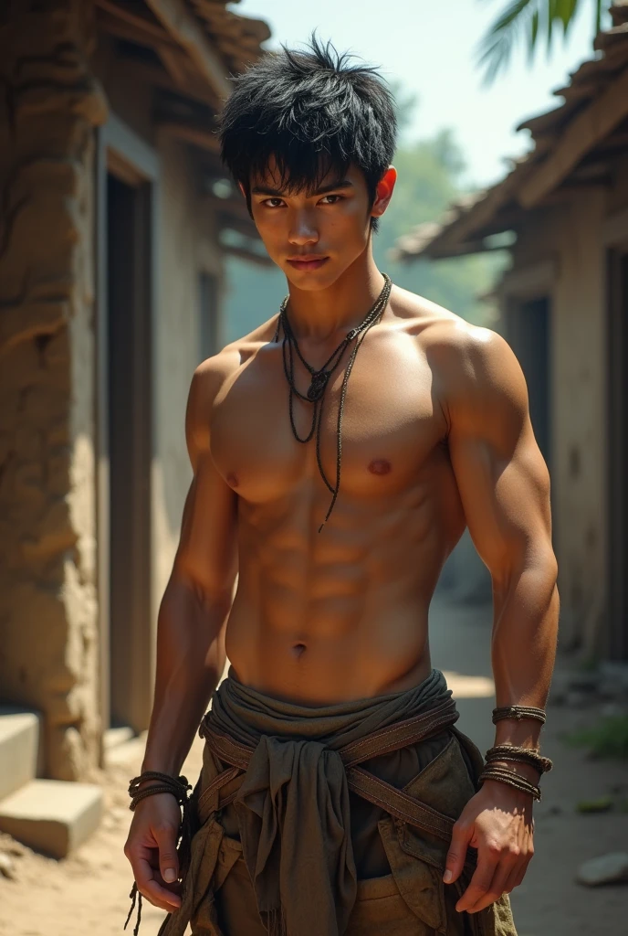 a ripped, lean, tanned young boy, Shirtless, short coiled black hair, sweaty and ragged attire, G-string, standing in a rustic village setting, high detail, realistic, dynamic lighting, portrait, character design, cinematic atmosphere, masterpiece .