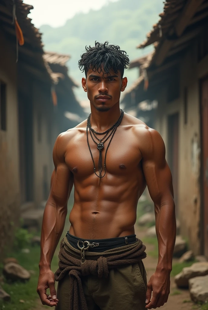 a ripped, lean, tanned young boy, Shirtless, short coiled black hair, sweaty and ragged attire, G-string, standing in a rustic village setting, high detail, realistic, dynamic lighting, portrait, character design, cinematic atmosphere, masterpiece .