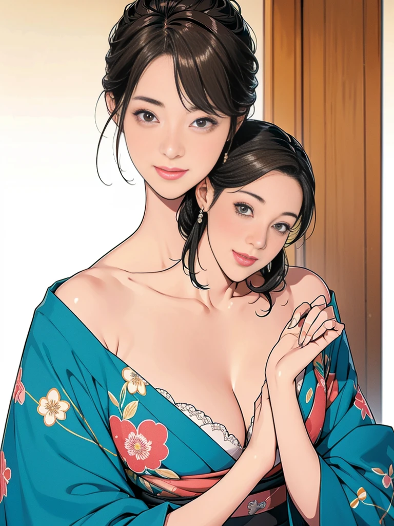 Double,Japanese Hairstyle,Photorealism,detailed,masterpiece,One and one,Smile and hold hands