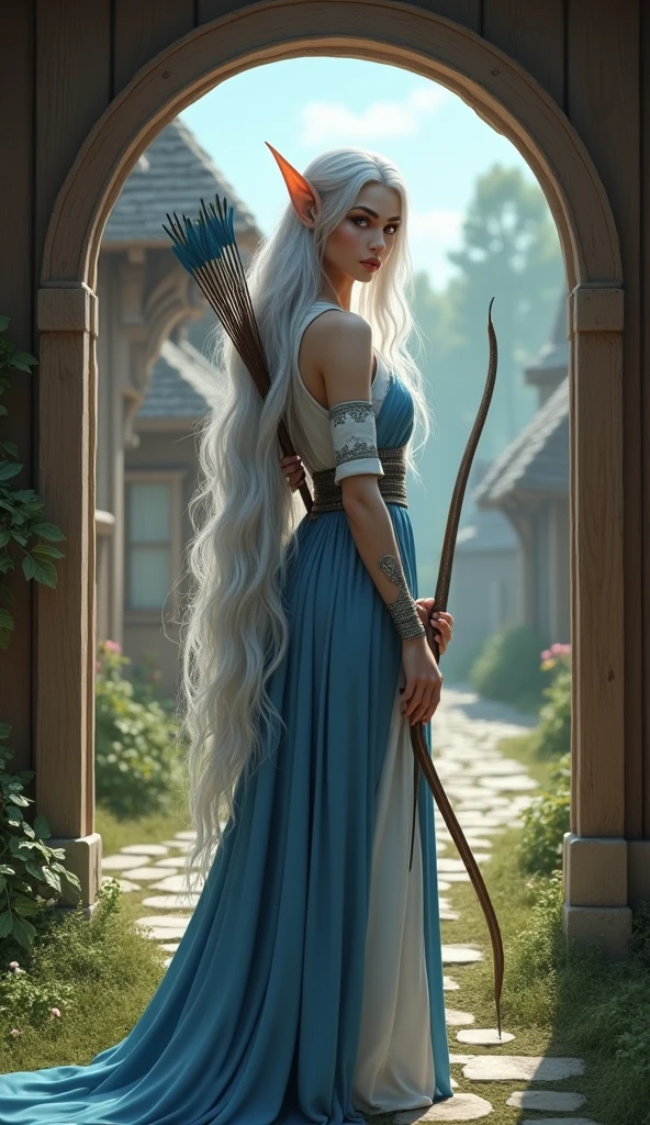 Full body portrait. A beautiful silver-haired elf woman carrying a bow and arrow wearing blue and white clothes walks into a simple brown wooden house in an elven village. The background of the house is a beautiful elven village. This scene is a very detailed and professional 3D digital art. Masterpiece