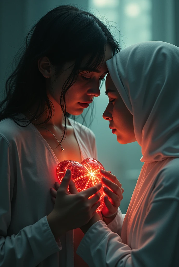 Can you make me, an image that a person's chest was open and another man with bright light color hold the heart that comes out from the opened chest. The heart that comes out has wounds and scars. The bright person was sewing the wounds and scars. But the person who has opened chest was covering his eyes while crying because of shame.