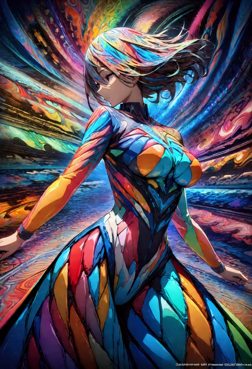 (masterpiece, top quality, The best quality, official art, beautiful and aesthetic:1.2), (1 girl:1.3), extremely detailed,(fractal art:1.2),Color,more detailed,( neon zentangle:1.2), (dynamic pose), (neon abstract background:1.5), (tredital clothing:1.2), (shiny skin), (many colors:1.4), Upper part of the body ,neon,16k,full hd