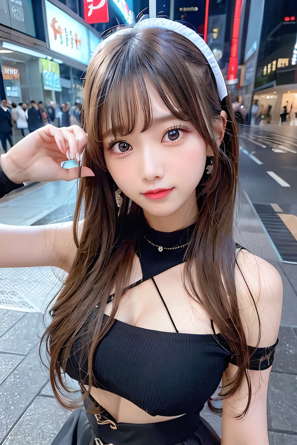 (8k、RAW Photos：1.2)Detailed face and eyes、Highest quality、Ultra-high resolution、Very detailed、Intricate details、A cute girl around 20 years old、Hyper Detail、Clear focus on the chest、（Beautiful Hair）、（Long Hair）、｟White knitted clothes｠、｟Black pleated skirt｠、｟High waist mini skirt｠、｟I can see her cleavage｠｟sexy bare legs｠（Random pose）（Random facial expressions）｟Beautiful legs｠｟The background is a night city｠｟Clothes stretched by boobs｠｟Off the shoulder｠