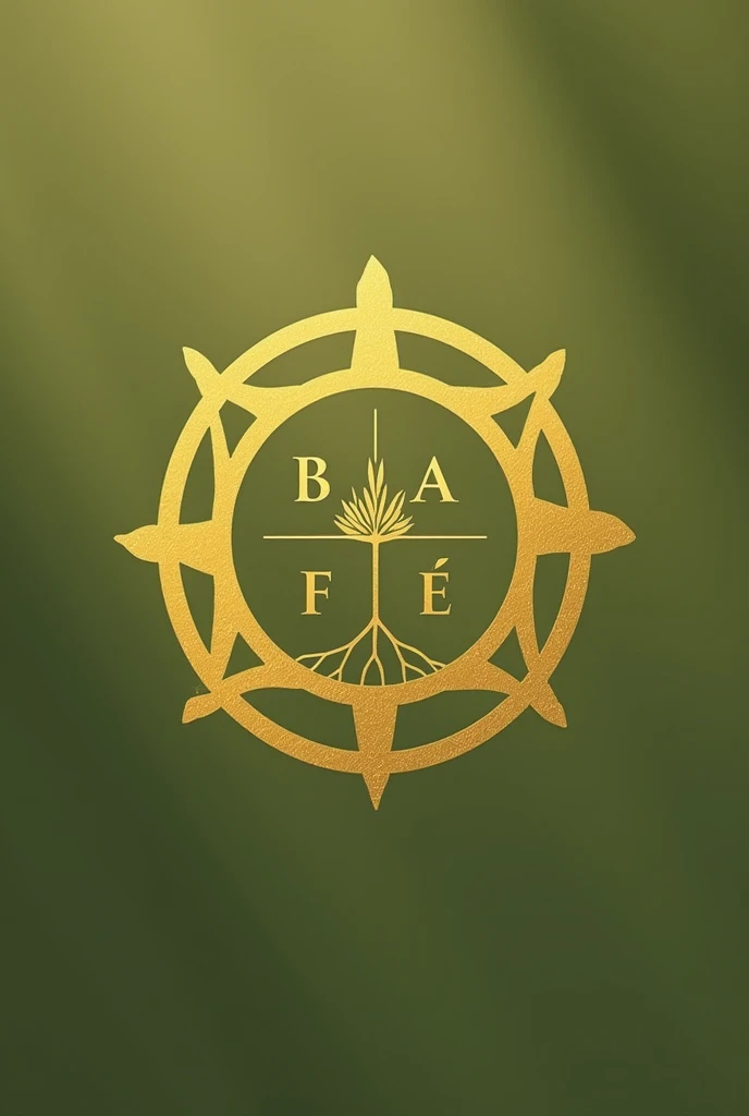 An art for an evangelical flag in olive green color, with a simple round golden coat of arms with the name good faith in Portuguese and a symbol of a seed.